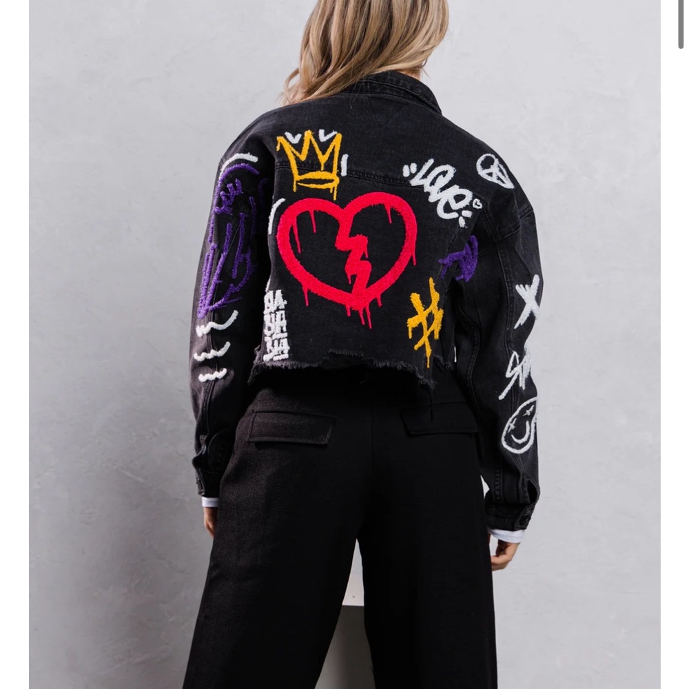 Distressed cropped denim graffiti jacket, XL